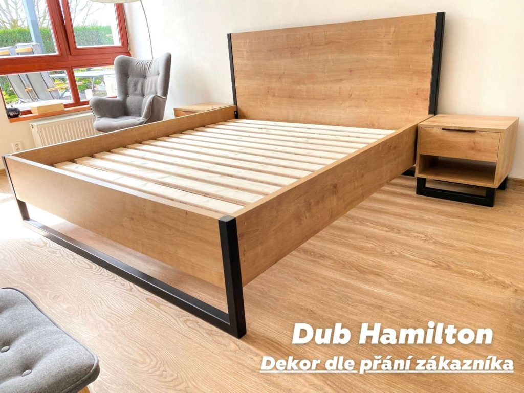 kvalitní postel na míru, postel od truhláře, postel dub hamilton, nábytek v dekoru dub hamilton, postel s kovem a dřevem
